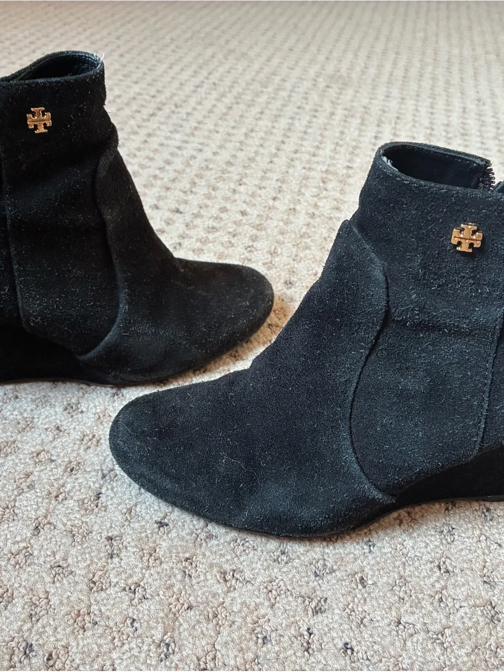 Tory Burch Black Suede Wedge Ankle Booties with Gold Logo
